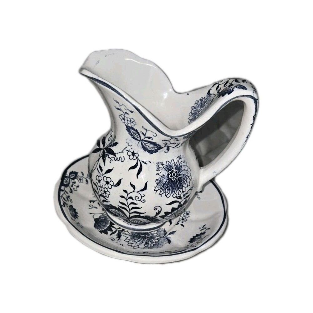Enesco Blue and White Onion Delft Floral Pitcher Basin Set 5" Vintage Ceramic